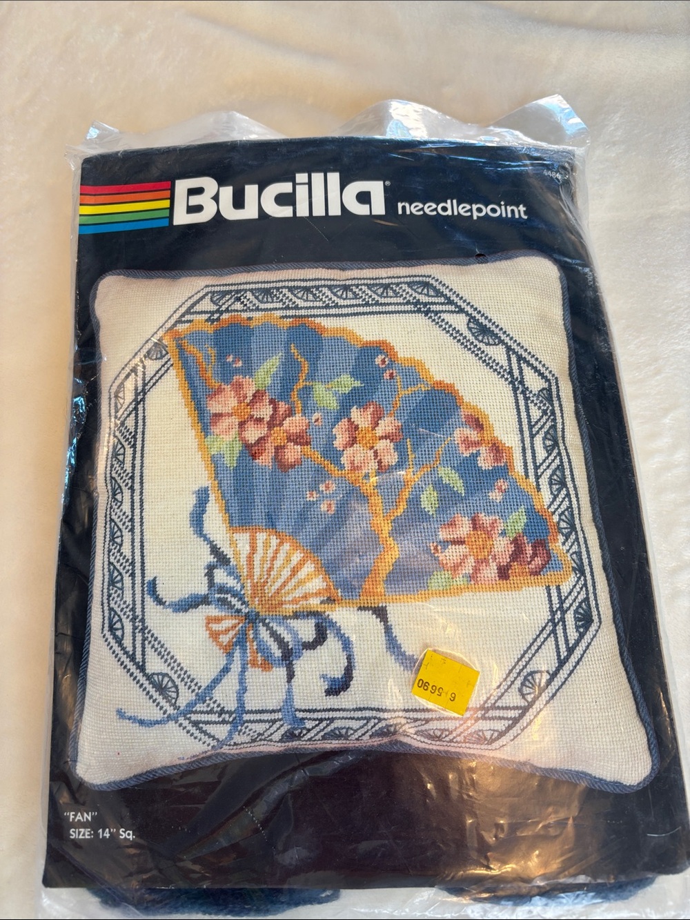NWT Vintage Bucilla Blue Pink Fan Floral Needlepoint Japanese Style Pillow